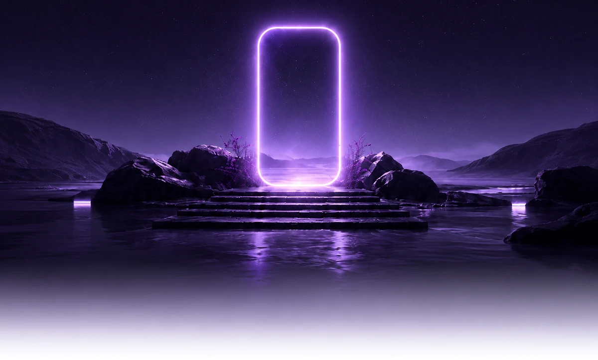 A glowing violet portal reflected in still water